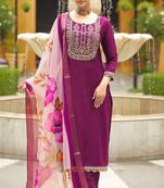 Viscose Rayon Wine Color Embroidery Kurta Set