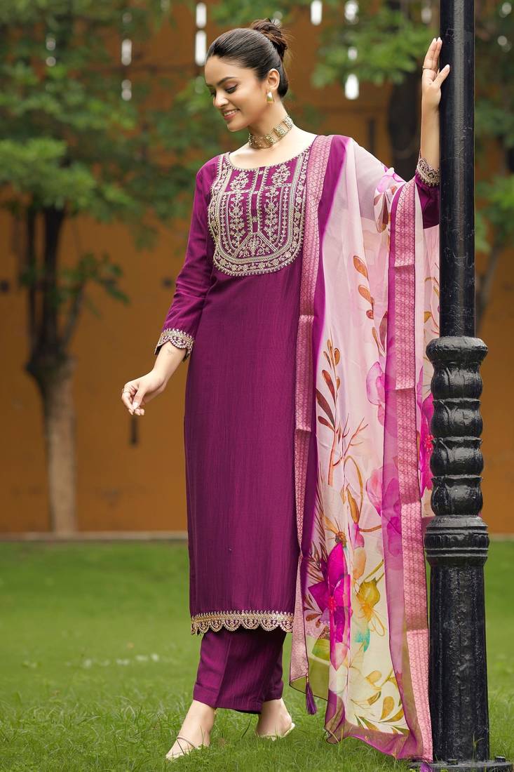 Viscose Rayon Wine Color Embroidery Kurta Set