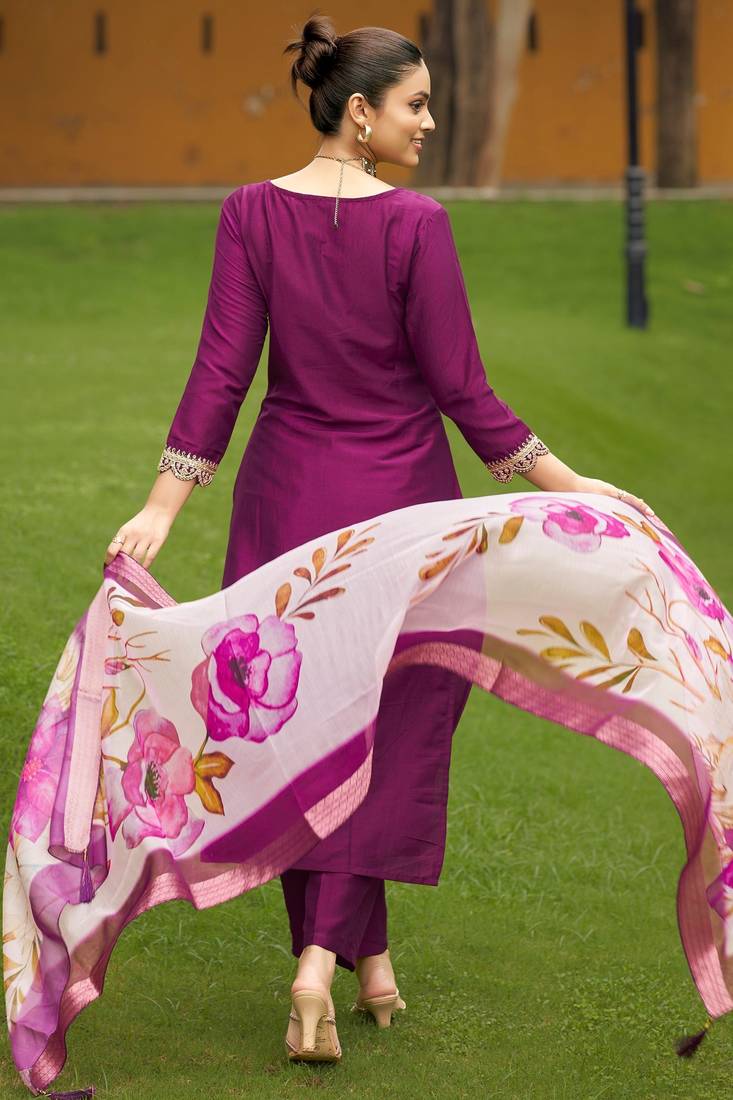 Viscose Rayon Wine Color Embroidery Kurta Set