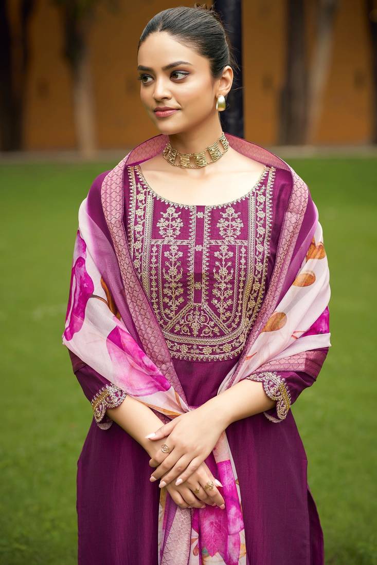 Viscose Rayon Wine Color Embroidery Kurta Set