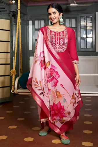 Viscose Rayon Rani Pink Color Embroidery Kurta Set