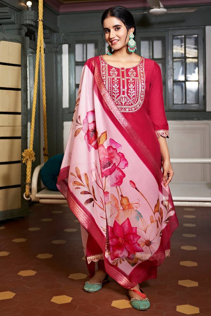 Viscose Rayon Rani Pink Color Embroidery Kurta Set