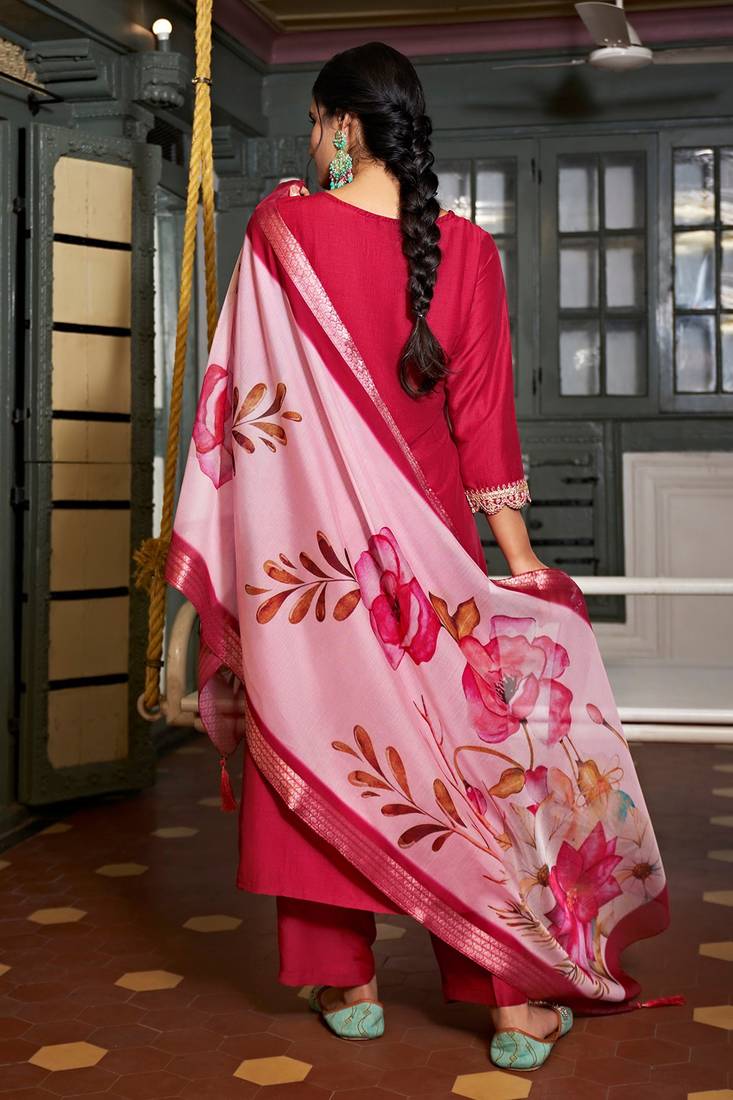 Viscose Rayon Rani Pink Color Embroidery Kurta Set
