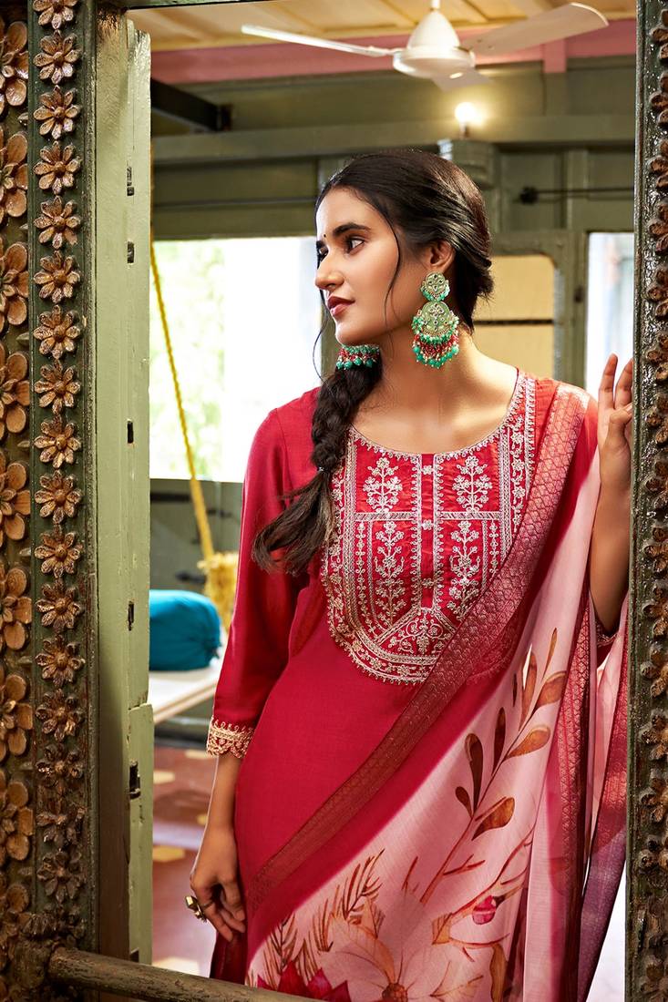 Viscose Rayon Rani Pink Color Embroidery Kurta Set
