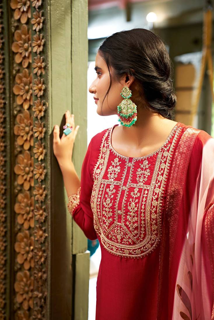 Viscose Rayon Rani Pink Color Embroidery Kurta Set