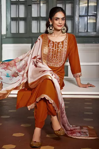 Viscose Rayon Orange Color Embroidery Kurta Set