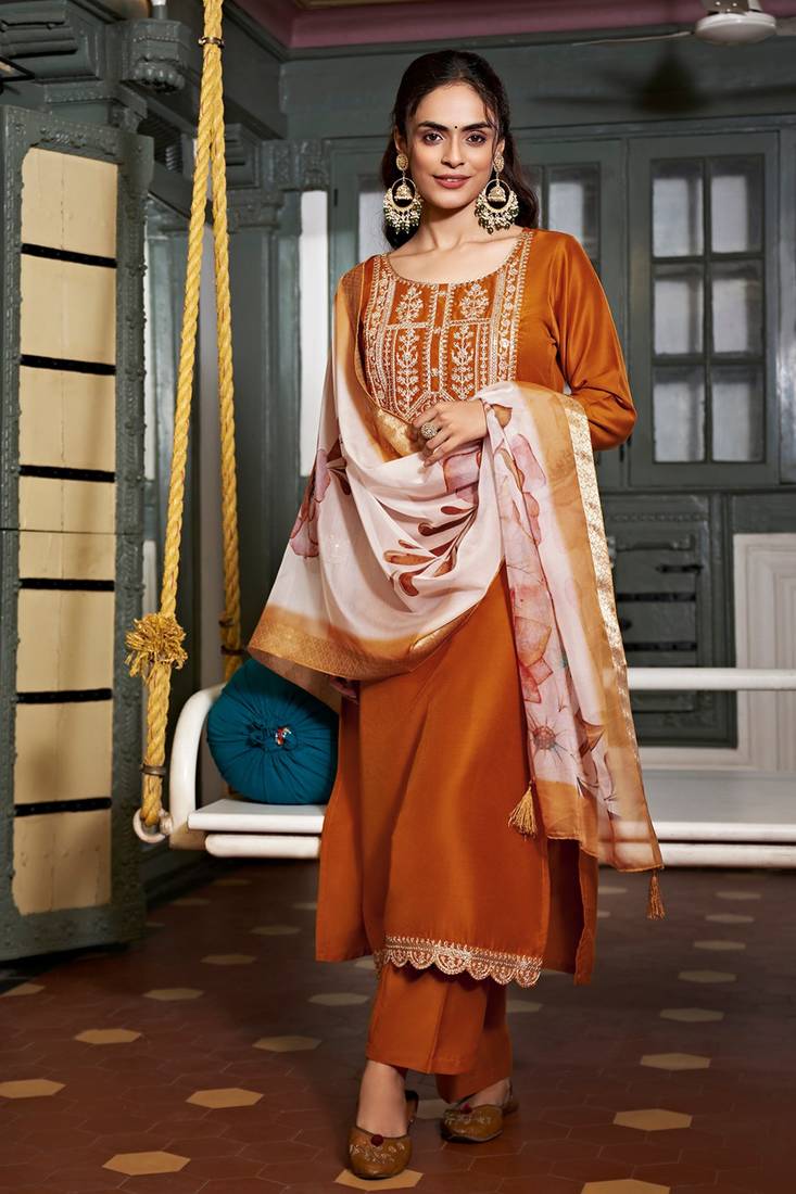 Viscose Rayon Orange Color Embroidery Kurta Set