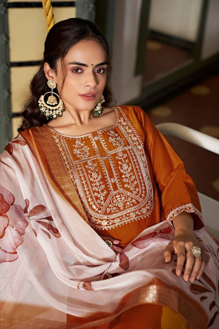 Viscose Rayon Orange Color Embroidery Kurta Set