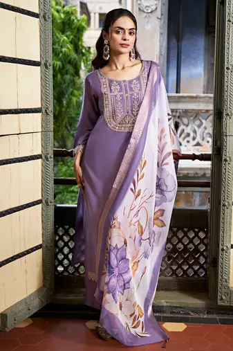 Viscose Rayon Lavendar Color Embroidery Kurta Set