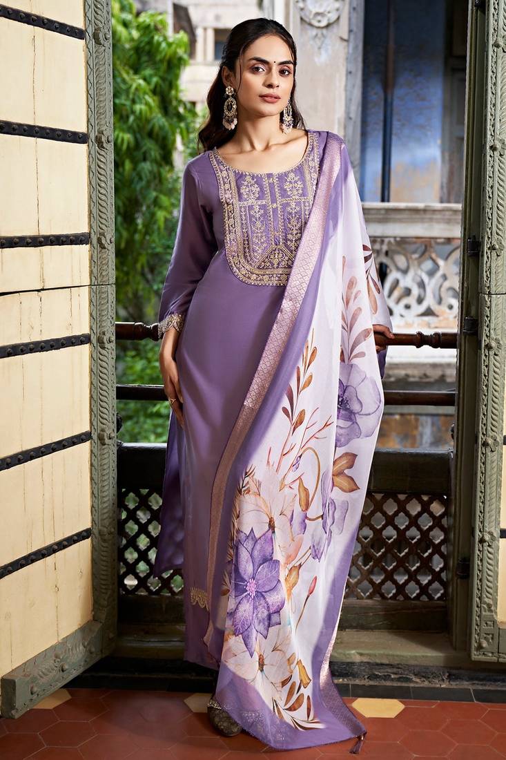 Viscose Rayon Lavendar Color Embroidery Kurta Set