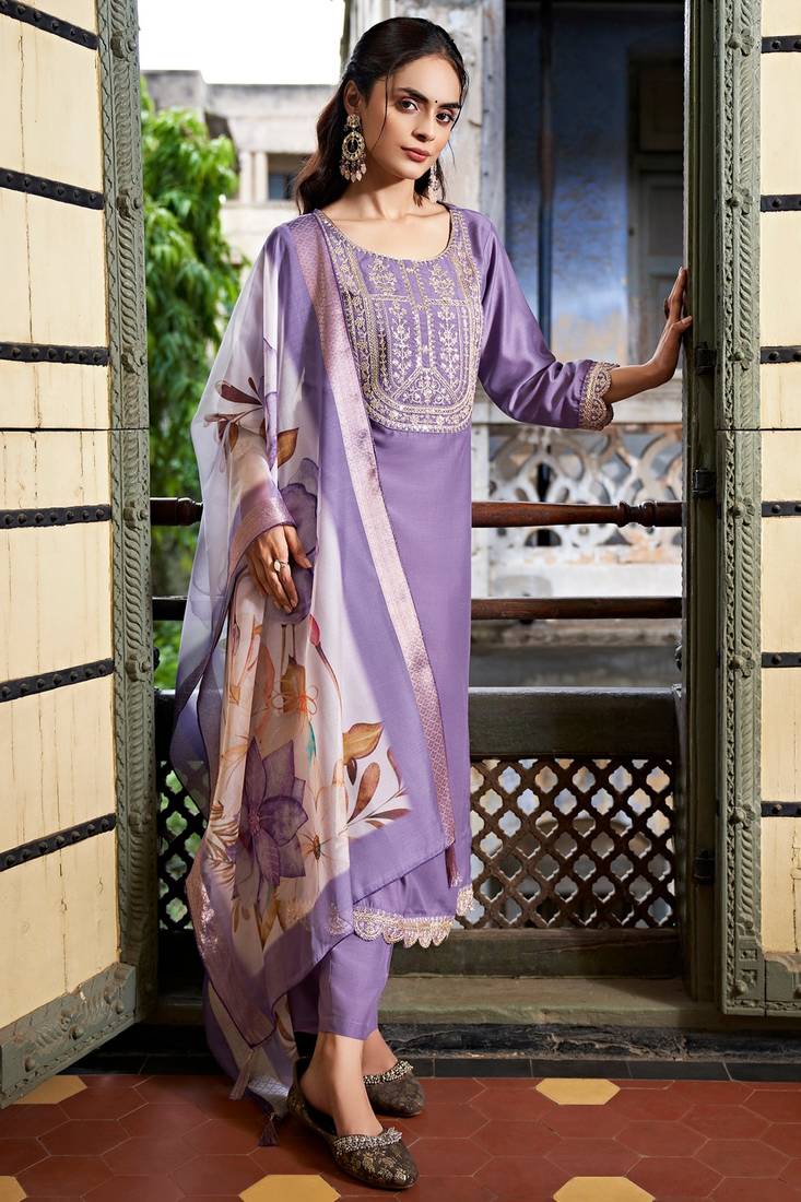 Viscose Rayon Lavendar Color Embroidery Kurta Set