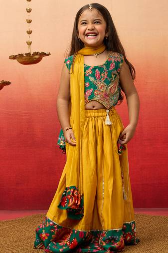girls' green crepe lehenga set with paisley embroidery - navratri special