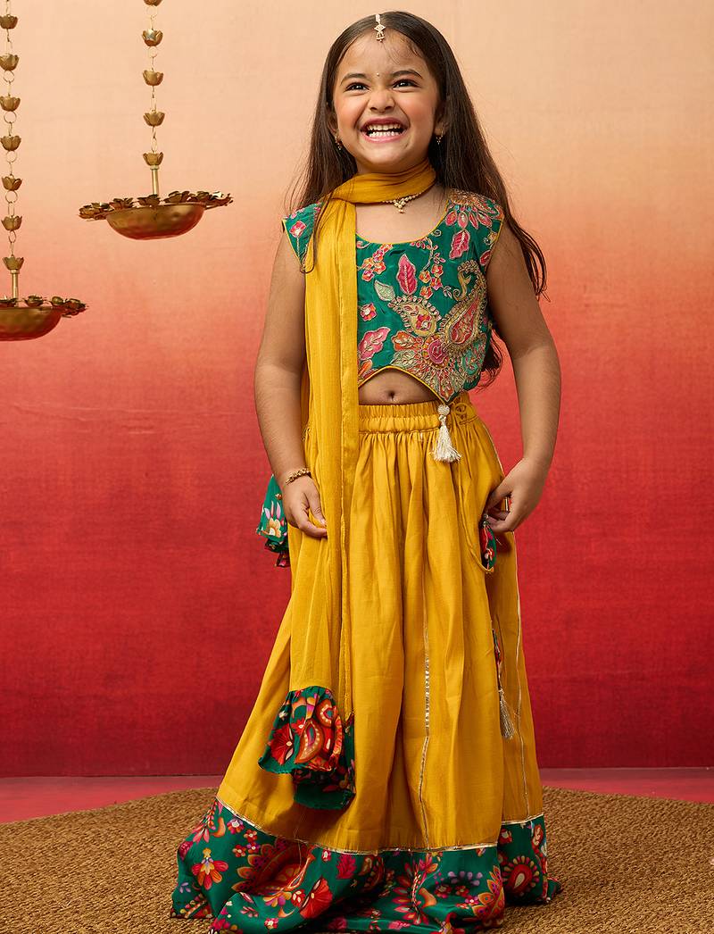 girls' green crepe lehenga set with paisley embroidery - navratri special