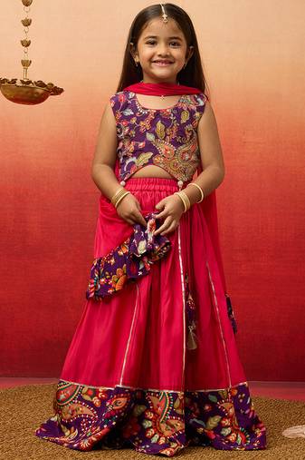 girls' purple crepe lehenga set with paisley embroidery - navratri collection