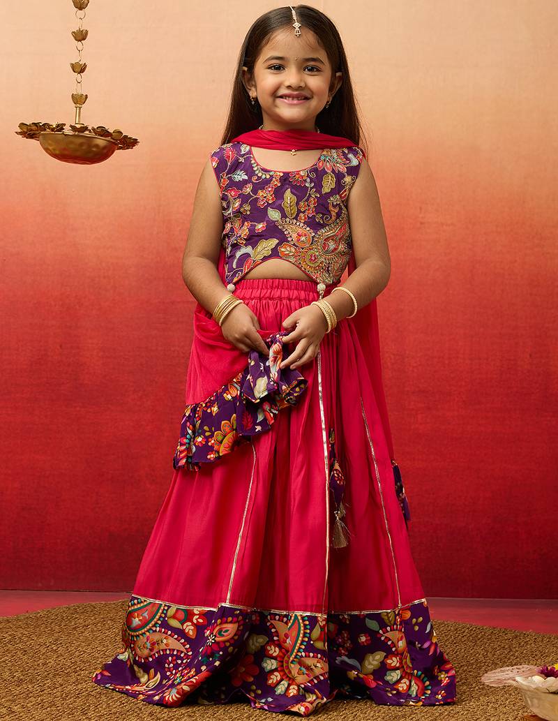 girls' purple crepe lehenga set with paisley embroidery - navratri collection