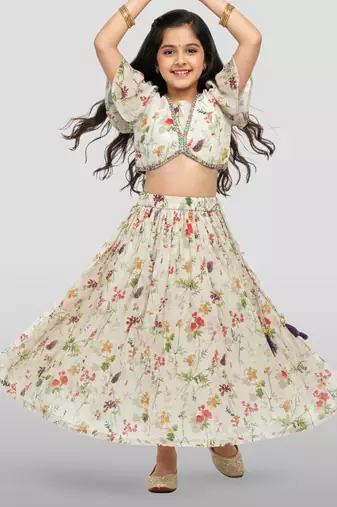 girls cream georgette digital print lehenga choli set - festive ethnic wear for diwali