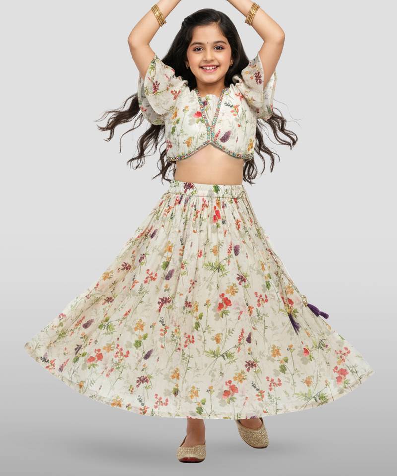 girls cream georgette digital print lehenga choli set - festive ethnic wear for diwali