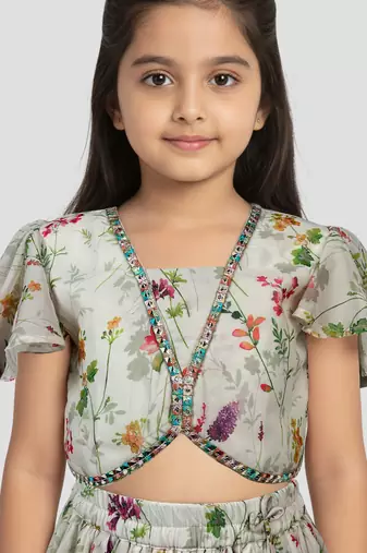girls cream georgette digital print lehenga choli set - festive ethnic wear for diwali