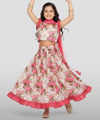 girls pink dupion silk digital print lehenga choli set - traditional festive outfit for diwali 1