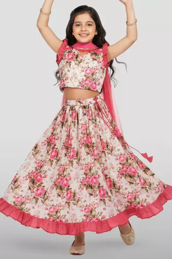 girls pink dupion silk digital print lehenga choli set - traditional festive outfit for diwali