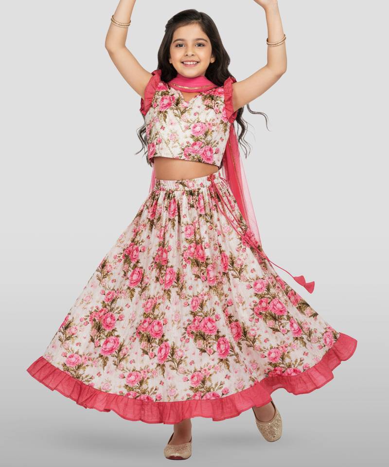 girls pink dupion silk digital print lehenga choli set - traditional festive outfit for diwali