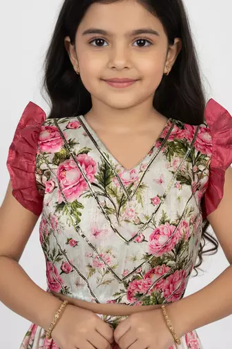 girls pink dupion silk digital print lehenga choli set - traditional festive outfit for diwali