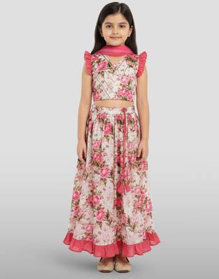 girls pink dupion silk digital print lehenga choli set - traditional festive outfit for diwali 3