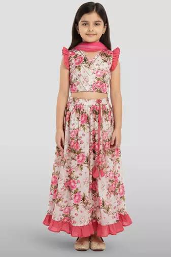 girls pink dupion silk digital print lehenga choli set - traditional festive outfit for diwali