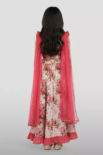 girls pink dupion silk digital print lehenga choli set - traditional festive outfit for diwali