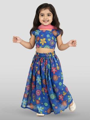kids blue organza embroidered lehenga set -  1