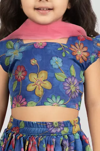 kids blue organza embroidered lehenga set - 
