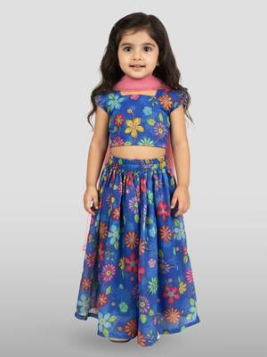 kids blue organza embroidered lehenga set -  3