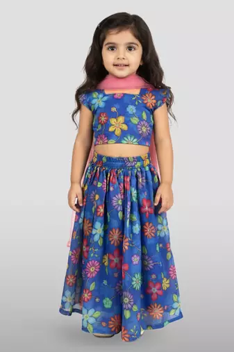 kids blue organza embroidered lehenga set - 