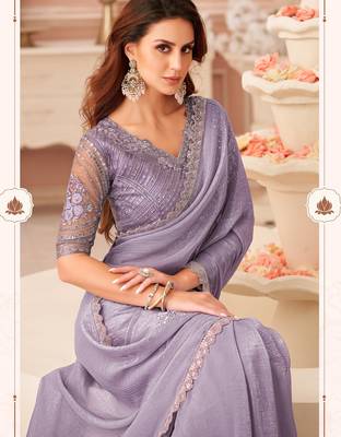 lavendor rainbow georgett silk blend with embroidery with unstitched blouse 2