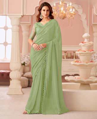 light green rainbow georgett silk blend with embroidery with unstitched blouse 1
