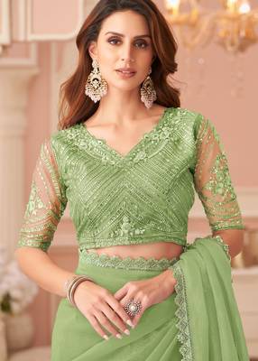 light green rainbow georgett silk blend with embroidery with unstitched blouse 2