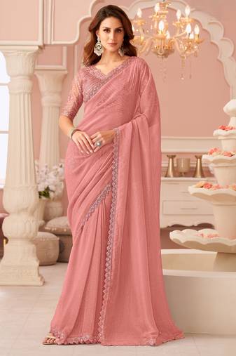 peach rainbow georgett silk blend with embroidery with unstitched blouse