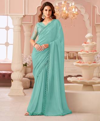 skyblue rainbow georgett silk blend with embroidery with unstitched blouse 1
