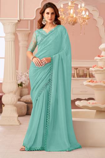 skyblue rainbow georgett silk blend with embroidery with unstitched blouse