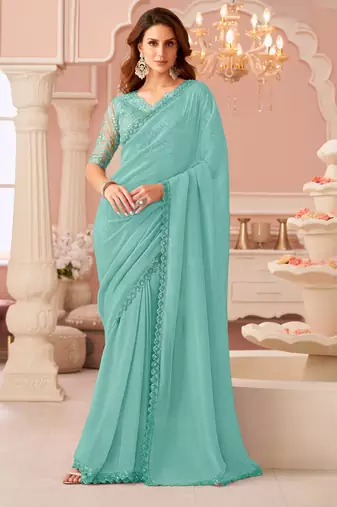 skyblue rainbow georgett silk blend with embroidery with unstitched blouse
