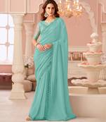 skyblue rainbow georgett silk blend with embroidery with unstitched blouse
