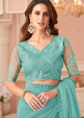 skyblue rainbow georgett silk blend with embroidery with unstitched blouse 2