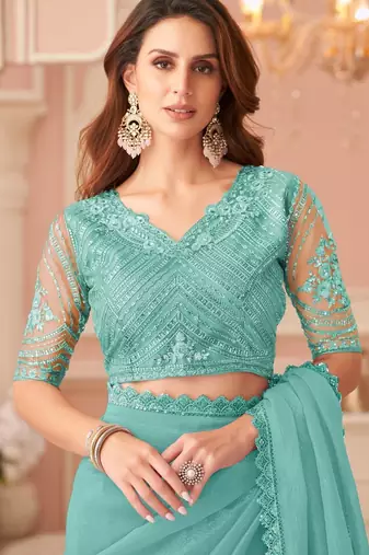 skyblue rainbow georgett silk blend with embroidery with unstitched blouse