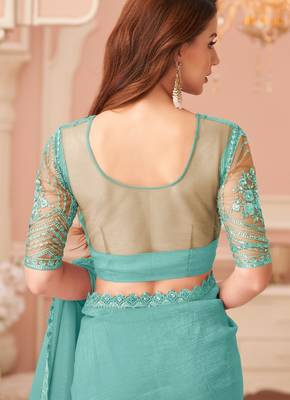 skyblue rainbow georgett silk blend with embroidery with unstitched blouse 3