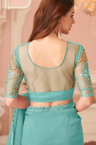 skyblue rainbow georgett silk blend with embroidery with unstitched blouse