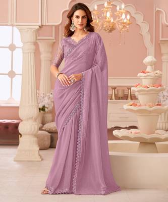purple rainbow georgett silk blend with embroidery with unstitched blouse 1