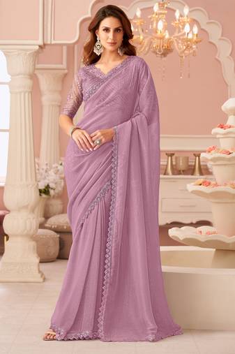 purple rainbow georgett silk blend with embroidery with unstitched blouse