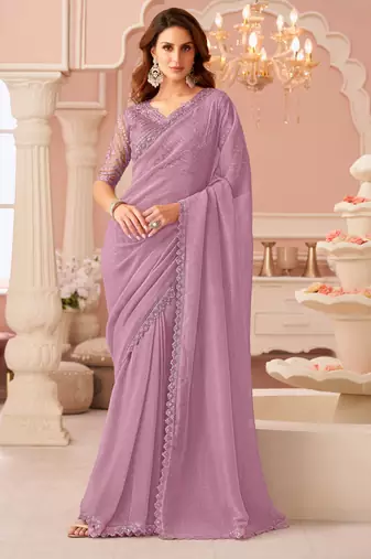 purple rainbow georgett silk blend with embroidery with unstitched blouse