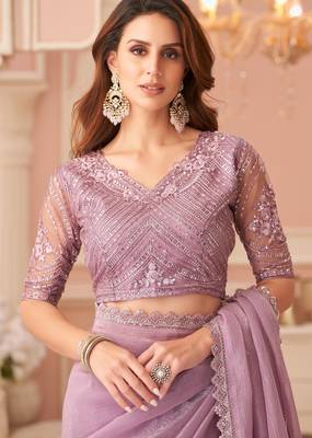 purple rainbow georgett silk blend with embroidery with unstitched blouse 2