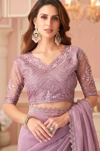 purple rainbow georgett silk blend with embroidery with unstitched blouse